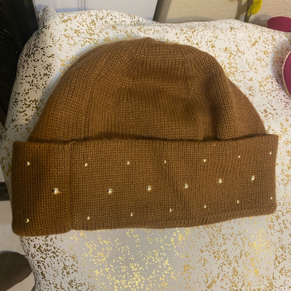 Michael Kors Brown Knit Beanie with Pearl Accents - Picture 2 of 3
